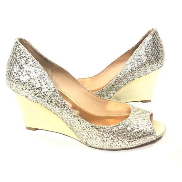 Badgley Mischka Awake Gold Glitter Wedge Peep Toe - Picture 2 of 10